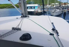 2017 Leopard 48 catamaran docked at a marina with other boats.
