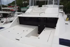 2020 Leopard 43 Powercat yacht docked at marina, rear view.