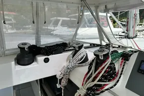 Sailing yacht Leopard 50 cockpit with winches and ropes, 2021 model.