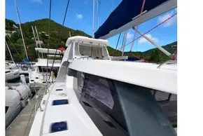 2020 Leopard 50 yacht docked, showcasing sleek design and modern features.