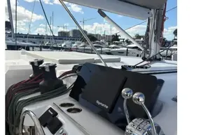 Helm of 2025 Leopard 46 yacht with navigation controls and winches.