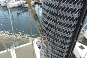 Close-up of a 2017 Lagoon 42 sailboat mast with intricate rigging details.