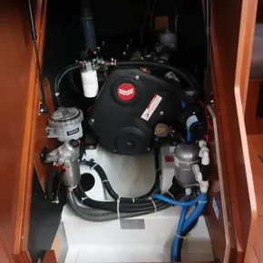 Engine compartment of 2019 Beneteau Oceanis 41.1 sailboat, showcasing mechanical components.