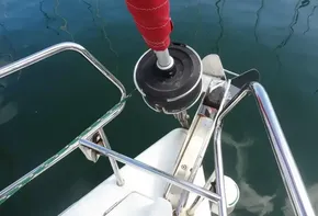 Bow of 2017 Jeanneau Sun Odyssey 389 sailboat with anchor and furling system.