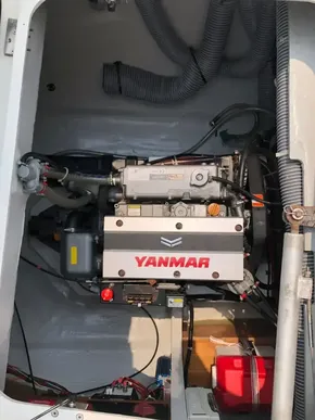 Engine compartment of a 2020 Lagoon 42 catamaran with a Yanmar engine.