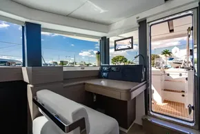 Interior of 2025 Leopard 46 yacht with modern design and outdoor view.