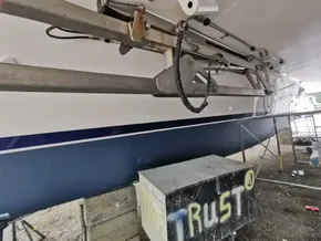 2015 Leopard 51 Powercat under maintenance, showing hull and mechanical components.