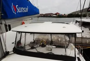 Lagoon 42 catamaran, 2020 model, docked with Sunsail branding on sail.