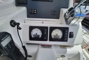 Control panel of a 2021 Leopard 45 yacht with gauges and navigation equipment.