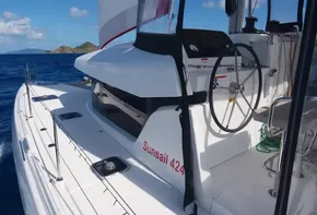 Lagoon 42 catamaran sailing in clear blue waters, 2020 model.