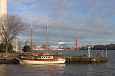 Historic wooden sailingvessel. Staysail rigged. Geman shipyard.