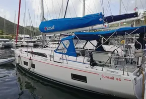2020 Beneteau Oceanis 46.1 sailboat docked in marina, featuring Sunsail branding.