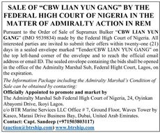 SALE OF &ldquo;CBW LIAN YUN GANG&rdquo;