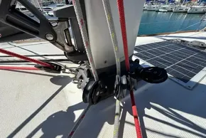 Jeanneau Sun Odyssey 389 sailboat deck with rigging and solar panel, 2020 model.