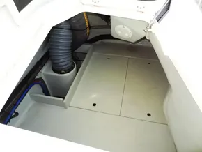 2018 Leopard 43 Powercat engine compartment with ventilation hose and wiring.