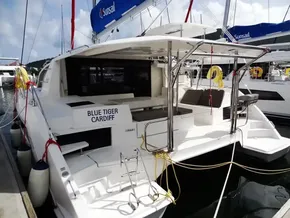 2021 Leopard 40 catamaran docked, featuring spacious deck and seating area.