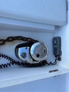 Anchor windlass system on a 2019 Leopard 40 catamaran, featuring chain and remote control.