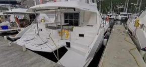 2019 Leopard 51 Powercat docked at a marina, rear view.