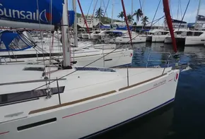 2017 Jeanneau Sun Odyssey 389 sailboats docked in a marina.