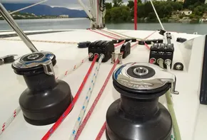 Sailing equipment on 2017 Leopard 45 catamaran deck with colorful ropes and winches.