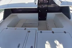 2018 Leopard 45 yacht cockpit with storage compartments and seating area.