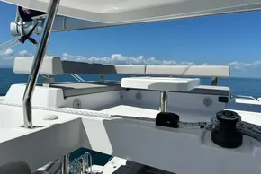 Luxury seating area on 2022 Leopard 42 yacht with ocean view.