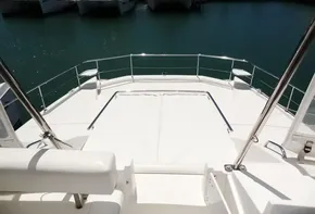 2017 Leopard 43 Powercat yacht docked at marina, view from upper deck.