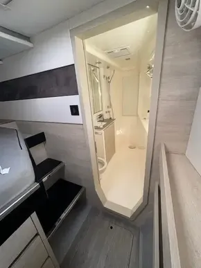 Modern bathroom interior in 2020 Leopard 50 yacht, featuring sleek design and neutral tones.