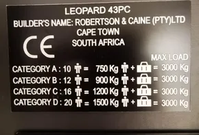 Builder's plate for 2017 Leopard 43 Powercat by Robertson & Caine, Cape Town, South Africa.
