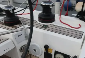 Beneteau Oceanis 51.1 yacht cockpit with steering wheel and winches, 2018 model.