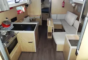 Interior of 2017 Beneteau Oceanis 41 sailboat with modern kitchen and seating area.
