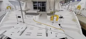 2019 Leopard 51 Powercat yacht stern view with seating and safety equipment.