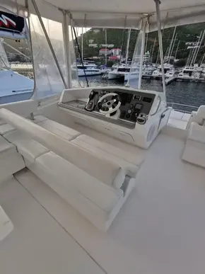 2017 Leopard 51 Powercat helm station with marina view.