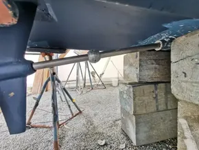 2015 Leopard 51 Powercat underbody with propeller shaft during maintenance.