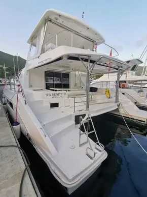 2017 Leopard 51 Powercat docked at marina.