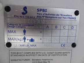 Beneteau Oceanis 46.1 2020 compliance plate with design categories and weight limits.