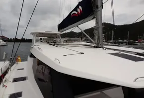Leopard 50 catamaran yacht docked in a marina, 2020 model.