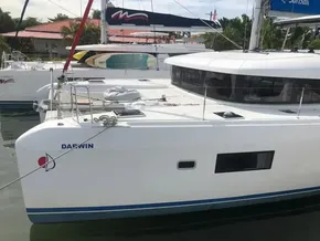2020 Lagoon 42 catamaran docked at marina.