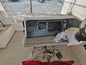 Control panel of a 2017 Leopard 43 Powercat boat under maintenance.