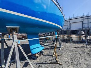 Newly polished topsides and freshly antifouled hull and keel