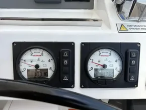 Control panel of a 2022 Leopard 50 yacht with Yanmar engine gauges.