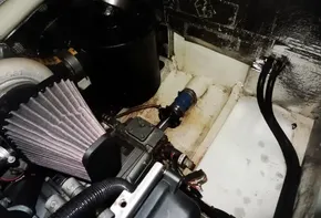 Engine compartment of a 2017 Leopard 43 Powercat showing mechanical components.