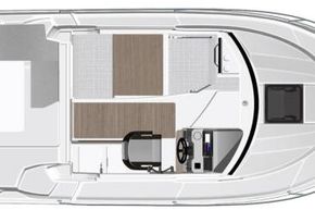 Jeanneau Merry Fisher 695 wheelhouse boat - diagram of cockpit seating and wheelhouse layout