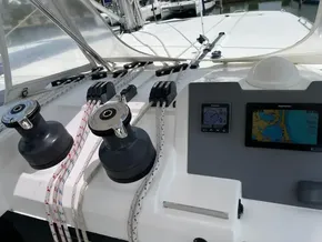 Control panel and winches on a 2020 Leopard 50 sailboat.