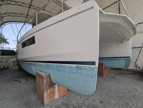 2017 Leopard 43 Powercat catamaran on dry dock for maintenance.