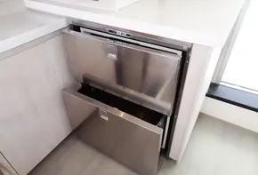 Stainless steel drawers in the kitchen of a 2015 Leopard 51 Powercat.