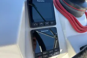 Raymarine navigation displays on 2020 Jeanneau Sun Odyssey 389 sailboat deck.