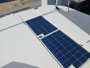 Solar panels on a 2019 Leopard 45 catamaran deck.
