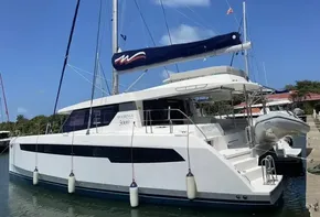 Leopard 50 catamaran yacht docked at marina, 2020 model.