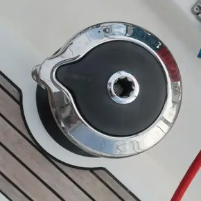 Close-up of a winch on a 2018 Beneteau Oceanis 51.1 sailboat.
